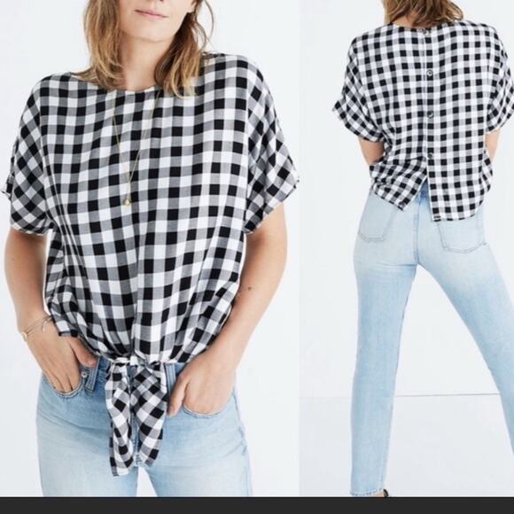 Madewell Button-Back Tie Tee in Buffalo Check White Black Size XXS - Picture 10 of 10